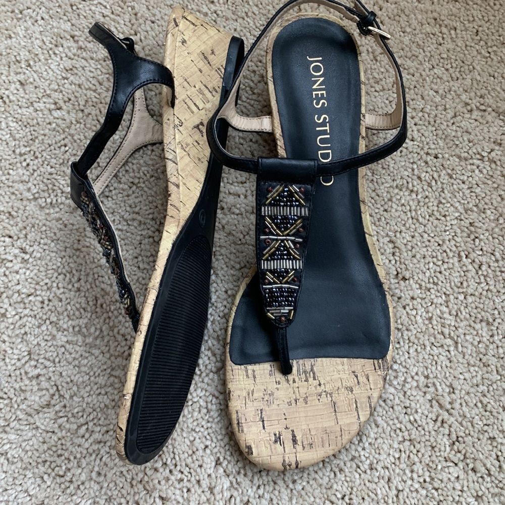 Sandals Beaded Boho wedge strappy cork Black Jones Studio Size 9 festival